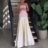 DERMEARNE Casual Patchwork Pleated Robe Dresses Ladies Fashion Strapless High Waist Banquet Dress Sexy Hollow Off Shoulder Slim Long Dress