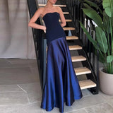 DERMEARNE Casual Patchwork Pleated Robe Dresses Ladies Fashion Strapless High Waist Banquet Dress Sexy Hollow Off Shoulder Slim Long Dress
