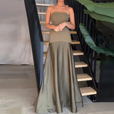 DERMEARNE Casual Patchwork Pleated Robe Dresses Ladies Fashion Strapless High Waist Banquet Dress Sexy Hollow Off Shoulder Slim Long Dress