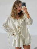 DERMEARNE Casual Shorts Suits Women Loose See Through Ruffles V Neck Hollow Out Sets Female 2025 Spring Fashion New Long Sleeves Set Lady