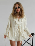 DERMEARNE Casual Shorts Suits Women Loose See Through Ruffles V Neck Hollow Out Sets Female 2025 Spring Fashion New Long Sleeves Set Lady