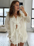 DERMEARNE Casual Shorts Suits Women Loose See Through Ruffles V Neck Hollow Out Sets Female 2025 Spring Fashion New Long Sleeves Set Lady