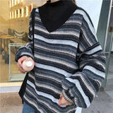 Dermearne Casual stripe pattern knitted sweater V-neck 90S tops emo girl urban street beauty punk high street retro hop silm women sweater