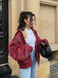 DERMEARNE Chic Contrast Stitch Zipper Leather Jacket For Women Fashion Lapel Long Sleeves Cropped Bomber Coat 2024 Lady Street Outerwear