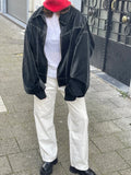 DERMEARNE Chic Contrast Stitch Zipper Leather Jacket For Women Fashion Lapel Long Sleeves Cropped Bomber Coat 2024 Lady Street Outerwear