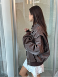 DERMEARNE Chic Contrast Stitch Zipper Leather Jacket For Women Fashion Lapel Long Sleeves Cropped Bomber Coat 2024 Lady Street Outerwear