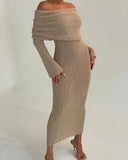 DERMEARNE DSMTRC Female Cover up Loose Long Sleeve Holiday Beach Party Dress Women Knitwear Dress Knit Hollow Out Off-Shoulder Maxi Dress