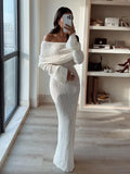 DERMEARNE DSMTRC Female Cover up Loose Long Sleeve Holiday Beach Party Dress Women Knitwear Dress Knit Hollow Out Off-Shoulder Maxi Dress