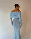 DERMEARNE DSMTRC Female Cover up Loose Long Sleeve Holiday Beach Party Dress Women Knitwear Dress Knit Hollow Out Off-Shoulder Maxi Dress