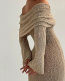 DERMEARNE DSMTRC Female Cover up Loose Long Sleeve Holiday Beach Party Dress Women Knitwear Dress Knit Hollow Out Off-Shoulder Maxi Dress