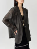 DERMEARNE DUSHU Women Thin Blazer Coats Autumn New Dark Grey Simple Elagant Notched Collar Office Lady Blazers Jacket 24DS83130