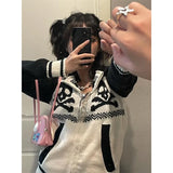 DERMEARNE Deeptown Y2K Gothic Vintage Zipper Women Sweater Embroidery Harajuku Hooded Cardigan Japanese 2000s Style Autumn Punk Knitwear