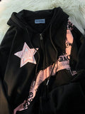 DERMEARNE Deeptown Y2K Vintage Zip Up Hoodies Women Harajuku Hip Hop Letter Print Sweatshirts Gothic Streetwear Loose Patchwork Tops Coats