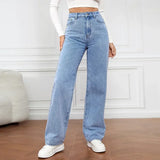 DERMEARNE Denim Jeans Women Straight Pants Washing High Waist Loose Pockets Basics Ankle Length Y2k Blue Pants Streetwear Slight Strech