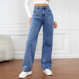 DERMEARNE Denim Jeans Women Straight Pants Washing High Waist Loose Pockets Basics Ankle Length Y2k Blue Pants Streetwear Slight Strech