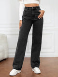 DERMEARNE Denim Jeans Women Straight Pants Washing High Waist Loose Pockets Basics Ankle Length Y2k Blue Pants Streetwear Slight Strech