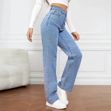 DERMEARNE Denim Jeans Women Straight Pants Washing High Waist Loose Pockets Basics Ankle Length Y2k Blue Pants Streetwear Slight Strech