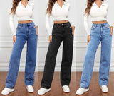 DERMEARNE Denim Jeans Women Straight Pants Washing High Waist Loose Pockets Basics Ankle Length Y2k Blue Pants Streetwear Slight Strech
