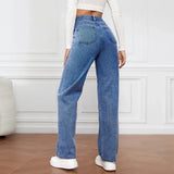 DERMEARNE Denim Jeans Women Straight Pants Washing High Waist Loose Pockets Basics Ankle Length Y2k Blue Pants Streetwear Slight Strech