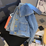DERMEARNE Doll Collar Denim Jacket Female 2024 Spring Autumn New Vintage Lotus Leaf Collar Loose Cowgirl Jackets Tops Single-Breasted Coat