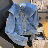 DERMEARNE Doll Collar Denim Jacket Female 2024 Spring Autumn New Vintage Lotus Leaf Collar Loose Cowgirl Jackets Tops Single-Breasted Coat