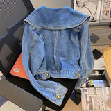 DERMEARNE Doll Collar Denim Jacket Female 2024 Spring Autumn New Vintage Lotus Leaf Collar Loose Cowgirl Jackets Tops Single-Breasted Coat