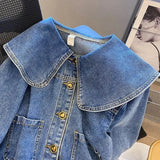 DERMEARNE Doll Collar Denim Jacket Female 2024 Spring Autumn New Vintage Lotus Leaf Collar Loose Cowgirl Jackets Tops Single-Breasted Coat