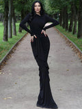 DERMEARNE Dulzura Solid Maxi Dress Long Sleeves Ruched High Slit Elegant Banquet 2024 Autumn For Women Sexy Wholesale Drop Shipping