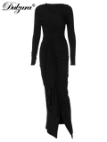 DERMEARNE Dulzura Solid Maxi Dress Long Sleeves Ruched High Slit Elegant Banquet 2024 Autumn For Women Sexy Wholesale Drop Shipping