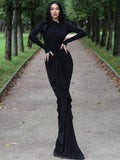 DERMEARNE Dulzura Solid Maxi Dress Long Sleeves Ruched High Slit Elegant Banquet 2024 Autumn For Women Sexy Wholesale Drop Shipping