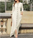 DERMEARNE Elegant Long Dress For Women Spring Autumn Long Sleeve Solid Color Cotton And Linen Shirt Dresses Casual Button Dress Robe Femme