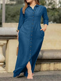 DERMEARNE Elegant Long Dress For Women Spring Autumn Long Sleeve Solid Color Cotton And Linen Shirt Dresses Casual Button Dress Robe Femme