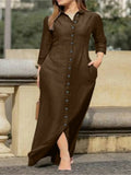 DERMEARNE Elegant Long Dress For Women Spring Autumn Long Sleeve Solid Color Cotton And Linen Shirt Dresses Casual Button Dress Robe Femme