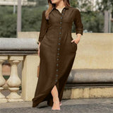 DERMEARNE Elegant Long Dress For Women Spring Autumn Long Sleeve Solid Color Cotton And Linen Shirt Dresses Casual Button Dress Robe Femme