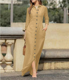 DERMEARNE Elegant Long Dress For Women Spring Autumn Long Sleeve Solid Color Cotton And Linen Shirt Dresses Casual Button Dress Robe Femme