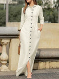 DERMEARNE Elegant Long Dress For Women Spring Autumn Long Sleeve Solid Color Cotton And Linen Shirt Dresses Casual Button Dress Robe Femme