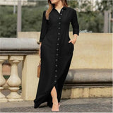 DERMEARNE Elegant Long Dress For Women Spring Autumn Long Sleeve Solid Color Cotton And Linen Shirt Dresses Casual Button Dress Robe Femme