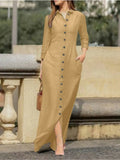 DERMEARNE Elegant Long Dress For Women Spring Autumn Long Sleeve Solid Color Cotton And Linen Shirt Dresses Casual Button Dress Robe Femme