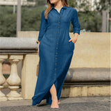 DERMEARNE Elegant Long Dress For Women Spring Autumn Long Sleeve Solid Color Cotton And Linen Shirt Dresses Casual Button Dress Robe Femme