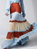 DERMEARNE Elegant Ruffle Dress for Women Tiered A-Line Sweet Lantern Sleeve V-Neck Patchwork Layer Long Dress for Spring Autumn 2025