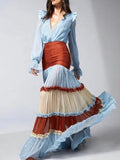 DERMEARNE Elegant Ruffle Dress for Women Tiered A-Line Sweet Lantern Sleeve V-Neck Patchwork Layer Long Dress for Spring Autumn 2025