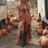DERMEARNE Ethnic Retro Solid Ruffle Irregular Dress Women Spring V Neck Slim Party Long Dress Autumn Long Sleeve Boho Maxi Dress