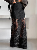 DERMEARNE European and American retro versatile black polyester lace see-through sexy ankle skirt fashion mid-waist commuter skirt women