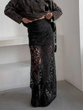 DERMEARNE European and American retro versatile black polyester lace see-through sexy ankle skirt fashion mid-waist commuter skirt women