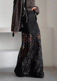 DERMEARNE European and American retro versatile black polyester lace see-through sexy ankle skirt fashion mid-waist commuter skirt women