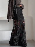 DERMEARNE European and American retro versatile black polyester lace see-through sexy ankle skirt fashion mid-waist commuter skirt women