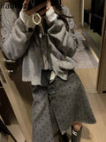DERMEARNE Factory Price Retro Wear Two Sides Wear Pleated Polka-dot Skirt Women 2024 Fall/winter New Fashion Gray A-line Skirt