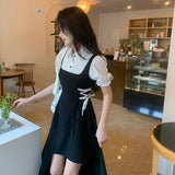 DERMEARNE Fake 2 Pcs Dresses Women Bandage Design Puff Sleeve Preppy Style Chic Irregular Summer Casual Hot Sweet Korean  Fashion Ins