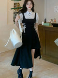 DERMEARNE Fake 2 Pcs Dresses Women Bandage Design Puff Sleeve Preppy Style Chic Irregular Summer Casual Hot Sweet Korean  Fashion Ins