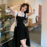 DERMEARNE Fake 2 Pcs Dresses Women Bandage Design Puff Sleeve Preppy Style Chic Irregular Summer Casual Hot Sweet Korean  Fashion Ins